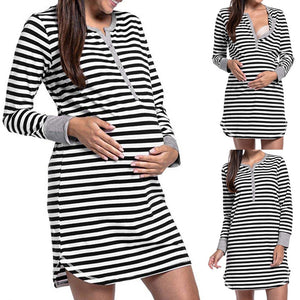 Winter Pregnancy Cotton Dress Women's Breastfeeding Long Sleeve Button Nightie Striped Dresses Ropa Premama Dress Pregnant 2019