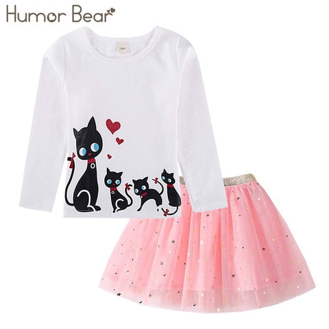 Humor Bear Autumn Kids Baby Girl Clothes Long Sleeve T-shirt+Grid Skirt +bowknot Casual 3PCS suits Student Girls' Clothing Sets