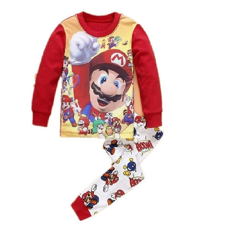 2019 Casual Homewear Pajamas Cartoon Cotton Ironman Spiderman Super Marios Bros Long Sleeve Children Set Baby Boy Kid Clothing