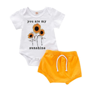 Toddler Girls Clothes Summer New Boy Girls' Clothing Sets  Letter Sunflower Romper Casual Tops+ Solid Shorts 2PC Clothes Set