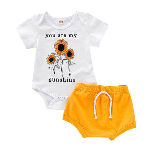 Toddler Girls Clothes Summer New Boy Girls' Clothing Sets  Letter Sunflower Romper Casual Tops+ Solid Shorts 2PC Clothes Set