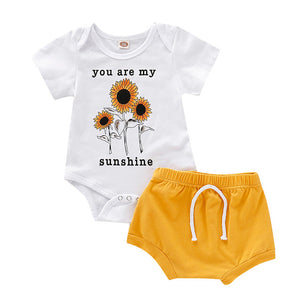 Toddler Girls Clothes Summer New Boy Girls' Clothing Sets  Letter Sunflower Romper Casual Tops+ Solid Shorts 2PC Clothes Set