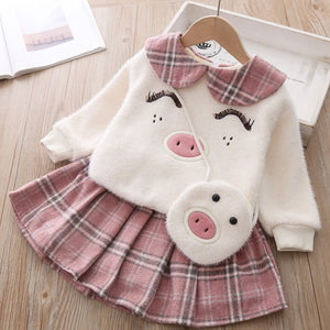 New Winter Autumn Fall Baby Girls' Plush Baby Collar Piggy Sweater Winter Skirt Two Piece Clothing Sui Children Clothes Gift