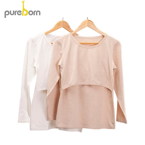 Pureborn Maternity Clothes O-neck Cotton Shirts for Pregnant Woman Long Sleeve Pregnancy Clothes Solid Nursing Feed Tops