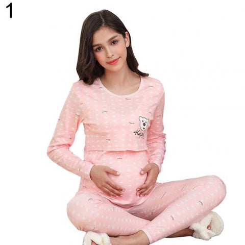 Autumn and winter indoor women's pregnancy pajamas cartoon animal pregnant women breastfeeding pajamas set