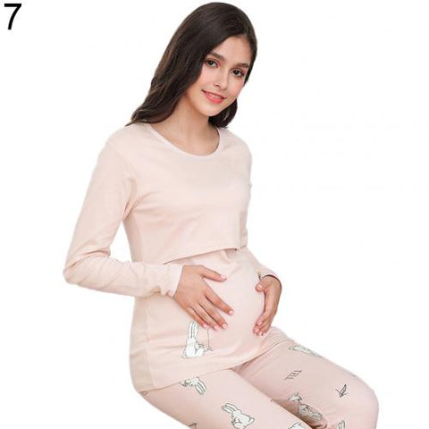 Autumn and winter indoor women's pregnancy pajamas cartoon animal pregnant women breastfeeding pajamas set