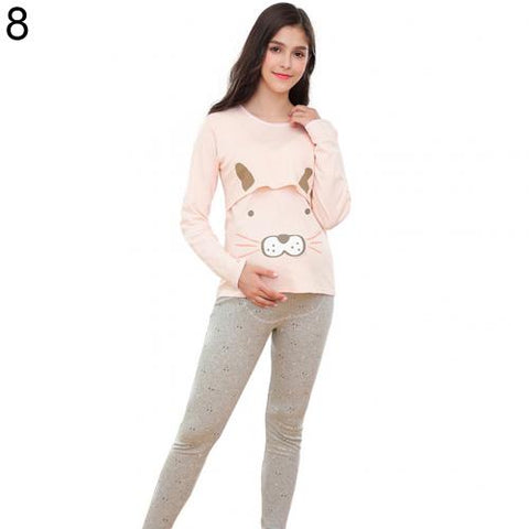 Autumn and winter indoor women's pregnancy pajamas cartoon animal pregnant women breastfeeding pajamas set