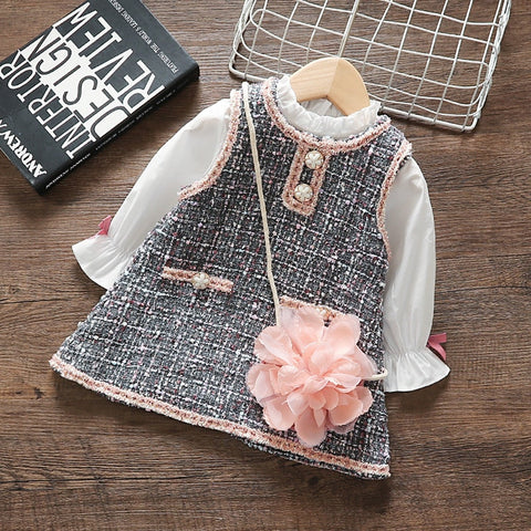 Spring Autumn Baby Girls Vest Dress Suit Garment With Flower Shoulder Bag New Fashion Girls' Clothing Sets Tops+Dress 2 Pcs/Set
