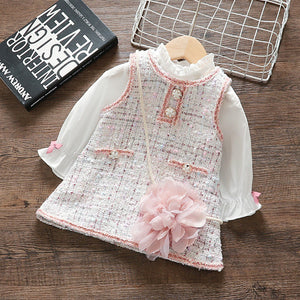 Spring Autumn Baby Girls Vest Dress Suit Garment With Flower Shoulder Bag New Fashion Girls' Clothing Sets Tops+Dress 2 Pcs/Set