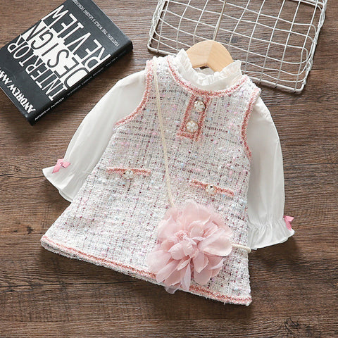 Spring Autumn Baby Girls Vest Dress Suit Garment With Flower Shoulder Bag New Fashion Girls' Clothing Sets Tops+Dress 2 Pcs/Set