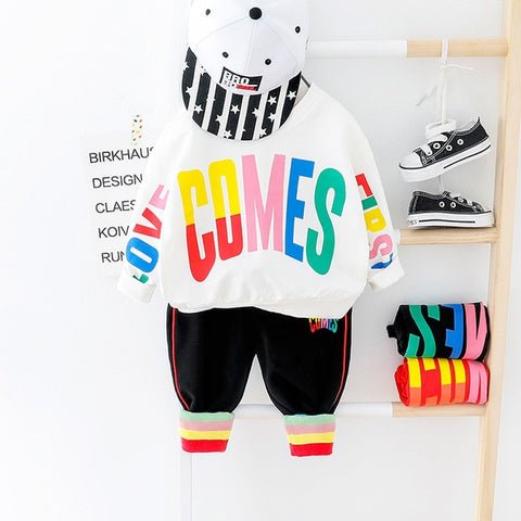 New Autumn Winter Boys' Spring Sports Pullover Color Letter Shirt Pants Two Piece Children Cute Kids Outwear Clothing Suit Gift
