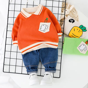 New Spring Autumn Children's Boys' Spring Polo Cartoon Printed Sweater Jeans Turndown Collar Two Piece Clothing Suit Gift