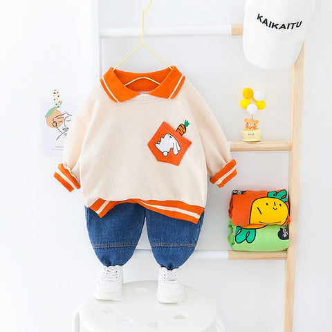 New Spring Autumn Children's Boys' Spring Polo Cartoon Printed Sweater Jeans Turndown Collar Two Piece Clothing Suit Gift