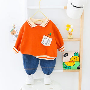 New Spring Autumn Children's Boys' Spring Polo Cartoon Printed Sweater Jeans Turndown Collar Two Piece Clothing Suit Gift