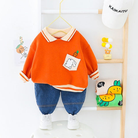 New Spring Autumn Children's Boys' Spring Polo Cartoon Printed Sweater Jeans Turndown Collar Two Piece Clothing Suit Gift
