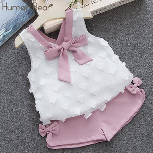 Humor Bear Baby Girl Clothes Hot Summer Children's Girls' Clothing Sets Kids Bay clothes Toddler Chiffon bowknot coat+Pants 1-4Y