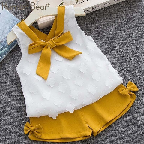 Humor Bear Baby Girl Clothes Hot Summer Children's Girls' Clothing Sets Kids Bay clothes Toddler Chiffon bowknot coat+Pants 1-4Y