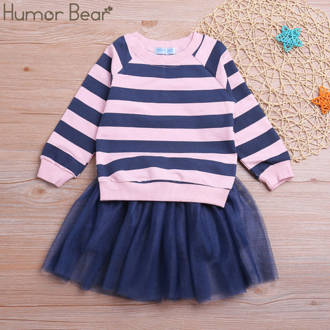 Humor Bear Autumn Kids Baby Girl Clothes Long Sleeve T-shirt+Grid Skirt +bowknot Casual 3PCS suits Student Girls' Clothing Sets