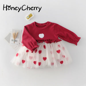 Spring Baby Girl Bodysuits Style Girls' Baby Love Mesh Long Sleeve Triangle Skirt Jumpsuit Creeper Little Girls Clothing