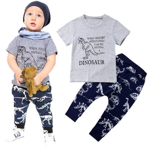 New Boys Clothes Sets Dinosaur Kids Baby Boys Cotton Top Gray T-shirt+Pants Leggings Outfits Set Clothes Summer Cartoon Clothing