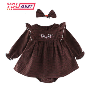 Spring Baby Girl Bodysuits Embroidery Girls' Baby Plaid Bodysuits +Hairpin Long Sleeve Triangle Bodysuit Little Girls Clothing