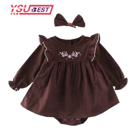 Spring Baby Girl Bodysuits Embroidery Girls' Baby Plaid Bodysuits +Hairpin Long Sleeve Triangle Bodysuit Little Girls Clothing