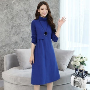 Women's Maternity Dress Knit Long Sleeve High-neck Thick Dress Autumn and Winter Pregnancy Large Size Casual Midi Dress