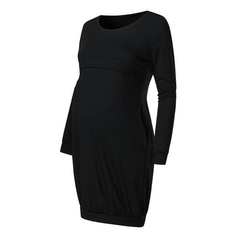 Women's Maternity Pregnanty Long Sleeve Solid  Dress With Pocket Autumn Winter Pregnancy Flattering Dresses Mama Clothes