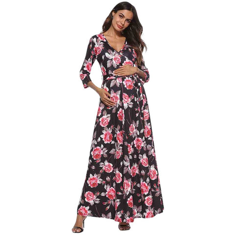 Autumn Winter Women's Pregnancy V Neck High Waist Dress Maternity Waist Belt Long Dress Dress vestido fotos embarazada