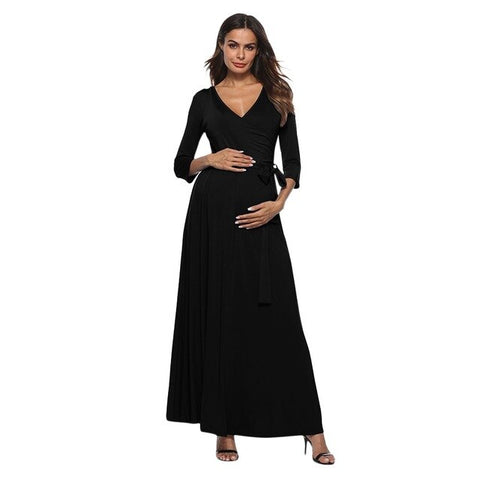 Autumn Winter Women's Pregnancy V Neck High Waist Dress Maternity Waist Belt Long Dress Dress vestido fotos embarazada