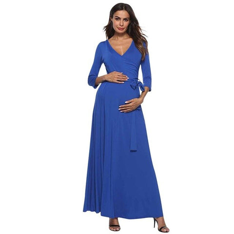 Autumn Winter Women's Pregnancy V Neck High Waist Dress Maternity Waist Belt Long Dress Dress vestido fotos embarazada