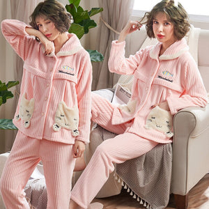 Winter Maternity and Nursing Set Breastfeeding Pajamas Women's Long Sleeve Flannel Pregnancy Winter Sets Maternity Pajamas Pink