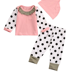 Hot Sell Baby Clothes Cute Baby Girls' Clothing Set Long Sleeve Polka Dot Pants T-shirt Hat Pants Outfits Set Casual Clothes