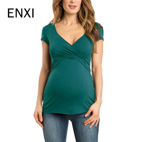 Plus Size V-neck Short Sleeve Maternity Breastfeeding Tops Pregnancy T-Shirts Nursing Clothes For Pregnant Women Feeding Tees