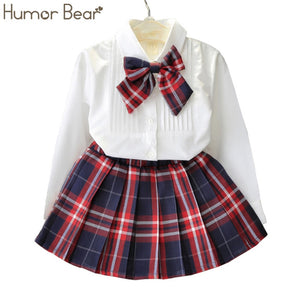 Humor Bear Autumn Kids Baby Girl Clothes Long Sleeve T-shirt+Grid Skirt +bowknot Casual 3PCS suits Student Girls' Clothing Sets