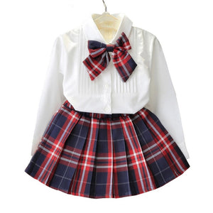 Humor Bear Autumn Kids Baby Girl Clothes Long Sleeve T-shirt+Grid Skirt +bowknot Casual 3PCS suits Student Girls' Clothing Sets