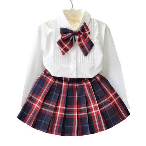 Humor Bear Autumn Kids Baby Girl Clothes Long Sleeve T-shirt+Grid Skirt +bowknot Casual 3PCS suits Student Girls' Clothing Sets