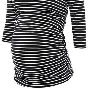 Maternity Clothes Stripes Pregnant Tunic Tops Flattering Side Ruching Pregnancy  3/4 Sleeve  Scoop Neck Jersey Top  T-Shirt