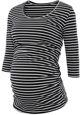 Maternity Clothes Stripes Pregnant Tunic Tops Flattering Side Ruching Pregnancy  3/4 Sleeve  Scoop Neck Jersey Top  T-Shirt