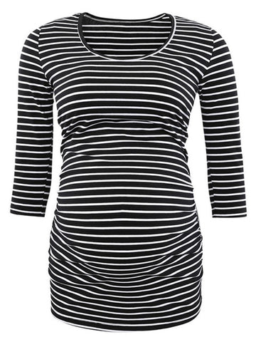 Maternity Clothes Stripes Pregnant Tunic Tops Flattering Side Ruching Pregnancy  3/4 Sleeve  Scoop Neck Jersey Top  T-Shirt