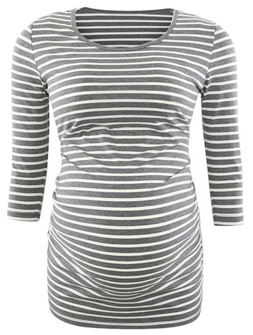 Maternity Clothes Stripes Pregnant Tunic Tops Flattering Side Ruching Pregnancy  3/4 Sleeve  Scoop Neck Jersey Top  T-Shirt